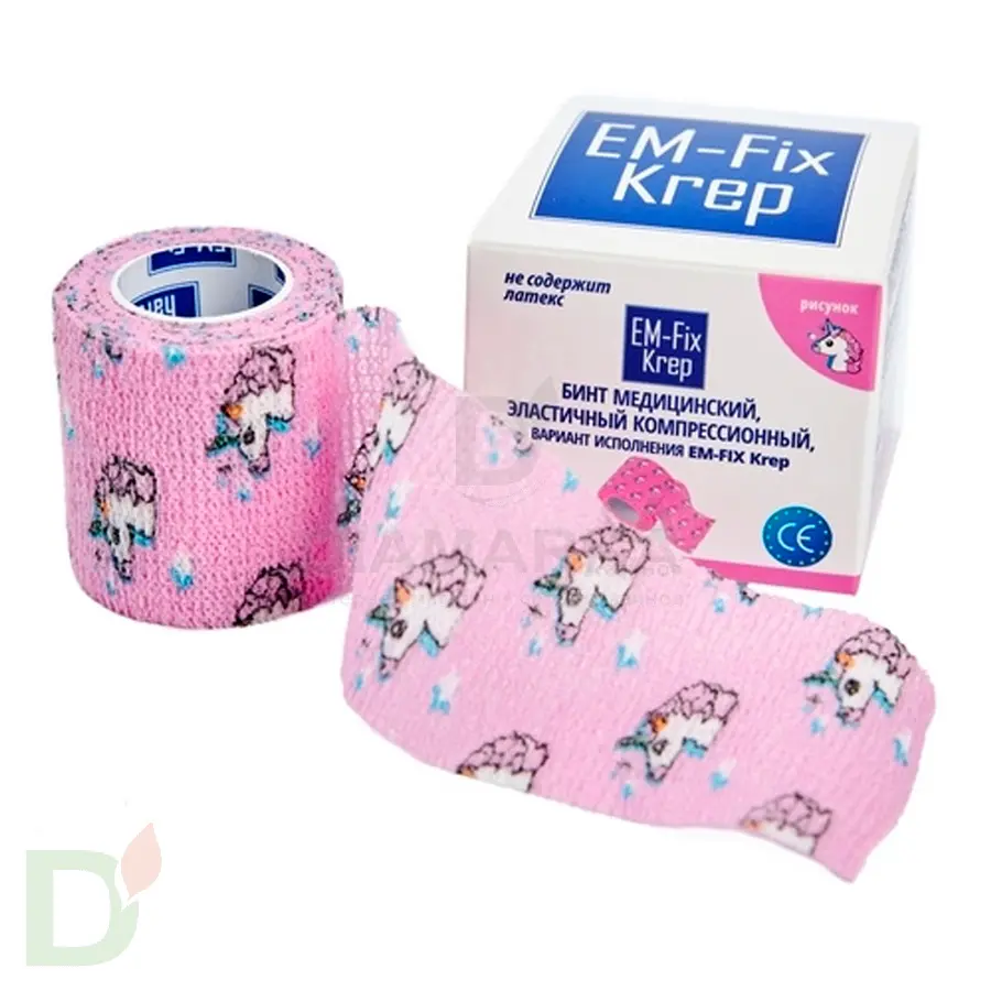 Бинт самофиксирующийся EM-Fix krep Розовый с единорогом, 5см*4,5м в Тюмени