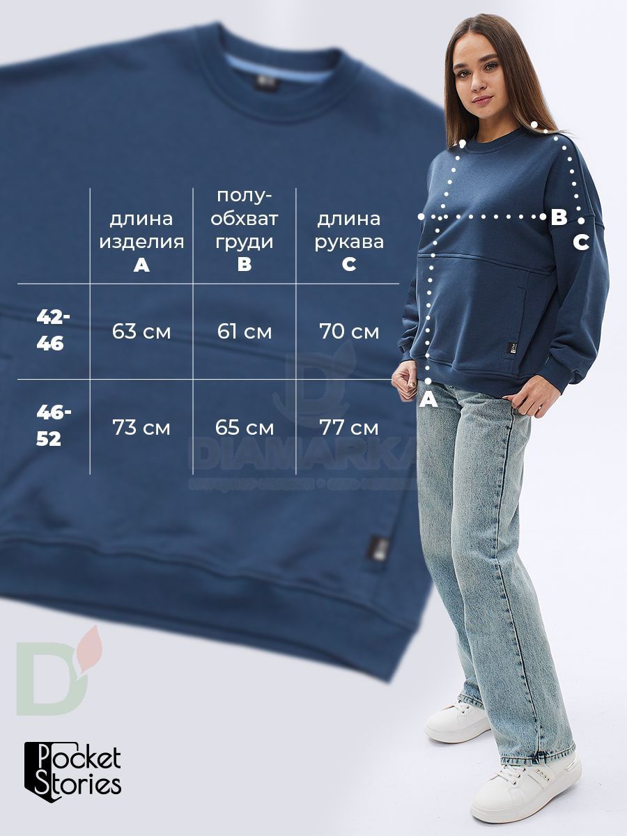 Свитшот Pocket Stories с карманом для инсулиновой помпы на молнии, Синий Свитшот Pocket Stories с карманом для инсулиновой помпы на молнии, Синий